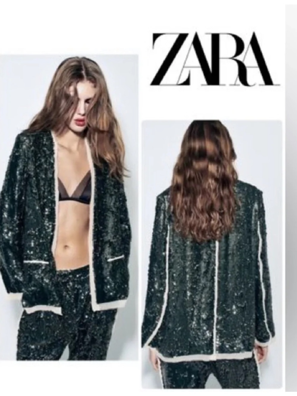 Zara Emerald Sequin Blazer with Cream Contrast Trim